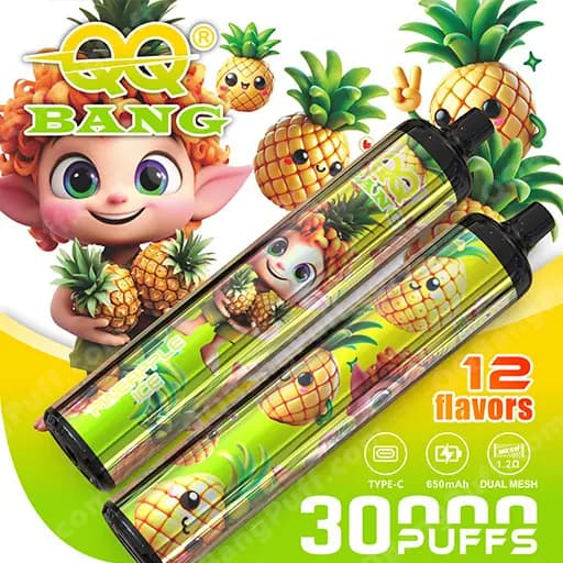 Two pineapple-themed vaping devices with green-yellow labels are laid diagonally across a bright green and yellow background, surrounded by cartoon pineapples and a cute orange-haired elf character, with visible text noting 12 flavors and 30,000 puffs.