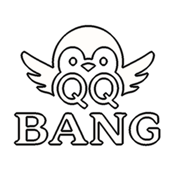 White logo featuring an owl-like head with winged sides and two large Q shapes forming the eyes, with the word BANG in bold serif letters beneath on a black background.