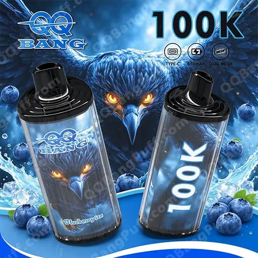 Two vape pods with black mouthpieces and clear blue-tinted bodies, one labeled Blueberry Ice and the other showing 100K, arranged against a blue eagle-themed background with blueberries and the BANG logo.
