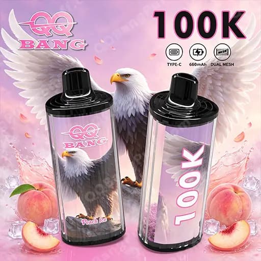 Two transparent vape bottles with black caps and pink-tinted labels featuring an eagle, one labeled '100K', set against a pink background with peaches and the Bang logo.
