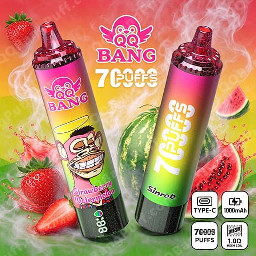 Two colorful QQ BANG vape devices with gradient finishes lean against a bright fruity background featuring strawberries and watermelon; the left device is labeled Strawberry Watermelon with a cartoon monkey, the right device is labeled 7 PUFFS, with vapor wisps and small icons indicating Type-C charging and 1000mAh.