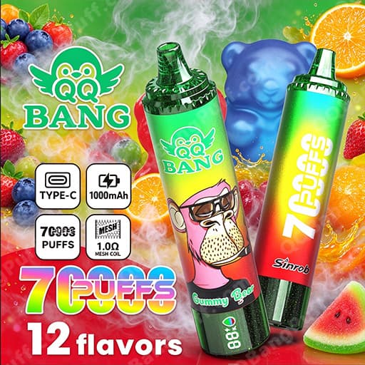 Bright fruit-themed QQ BANG advertisement with two disposable vape devices (green and yellow gradient), one featuring a gummy bear cartoon labeled Gummy Bear, set against colorful fruit background; includes icons for Type-C, 1000mAh, 70 Puffs, Mesh Coil 1.0Ω, and a 12 flavors label.