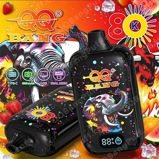 Two black disposable vape devices with a vivid elephant graphic and Bang logo sit against a bright orange, fruit-filled background, one upright showing a small digital display, with a rainbow 80K sunburst motif.