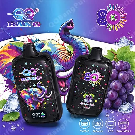 Two black rectangular vape pods with colorful splash graphics (one shows an elephant) positioned on a purple-blue background with grapes, ice cubes, and the Bang logo; the right pod is labeled Grape Ice and both show icons for Type-C charging, 660mAh, LCD, and dual mesh.