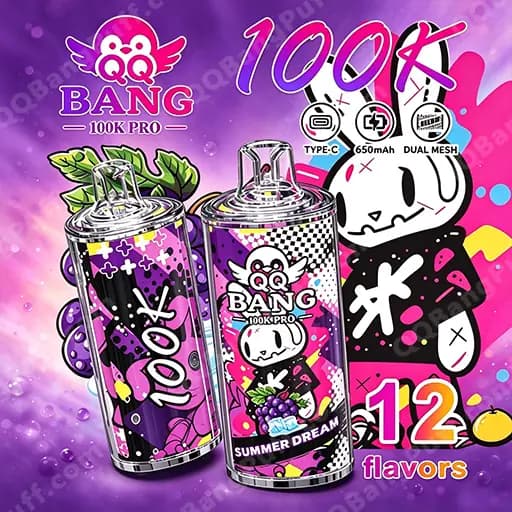Two decorated QQ Bang 100K Pro cans with a white cartoon bunny mascot, bold 100K text, and 12 flavors on a vibrant purple-pink background.