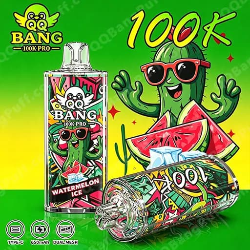 Bright Bang 100K Pro Watermelon Ice promotional display featuring a tall bottle and a colorful disposable vape pen decorated with a cartoon green watermelon wearing red sunglasses and watermelon slices, set against a green-yellow background with a large 100K graphic.