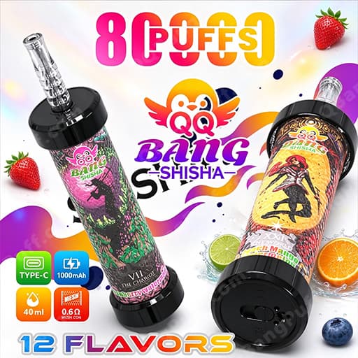 Two cylindrical Bang Shisha vape devices with colorful artwork sit on a bright background, surrounded by strawberries, citrus slices and berries, advertising 12 flavors.