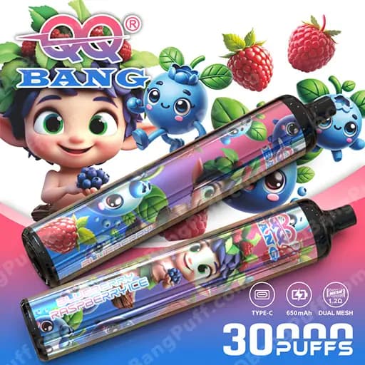 Two colorful QQ Bang disposable vape bars with cartoon characters and raspberry graphics, Raspberry Ice flavor, set on a pink gradient background with raspberries and the label 3000 Puffs, Type-C, 650mAh, Dual Mesh.