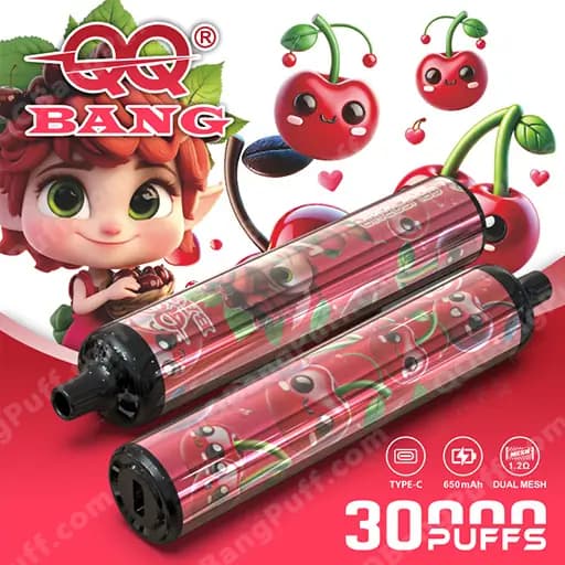 Two red, cherry-themed vape pens with cartoon faces sit on a red background next to a cute anime-style character and floating cherry illustrations, with '30 PUFFS' branding.