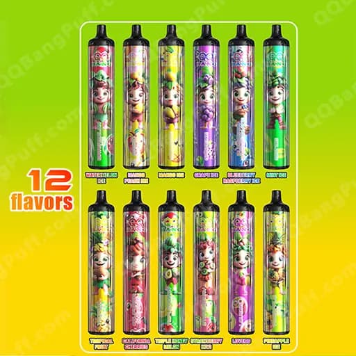 A display of twelve tall bottles with colorful cartoon-labels arranged in two rows inside a white frame against a bright lime-to-yellow gradient background, with a prominent '12 flavors' graphic on the left.