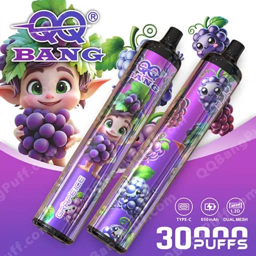 Two purple grape-flavored disposable vape pens with a cartoon elf holding a bunch of grapes, featuring the BANG logo and 30 PUFFS text on a purple background.