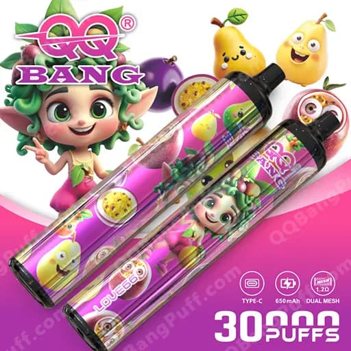 Two colorful disposable vape pens with cartoon fruit and character illustrations on pink packaging, displaying 30 puffs, set against a pink background.