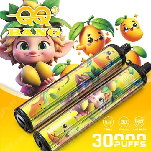 Two translucent vape pens with yellow-green fruit-themed graphics lie diagonally on a bright yellow background, surrounded by cartoon fruit characters and the QQ BANG logo, with the '30 PUFFS' label visible.