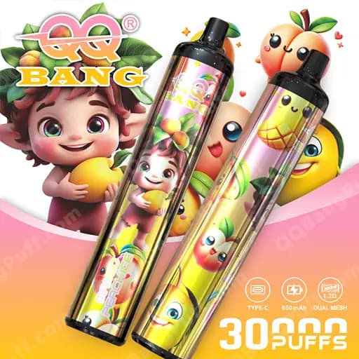 Three cylindrical vape devices with fruit-themed cartoon labels and the QQ Bang logo, positioned diagonally against a pink gradient background with '3000 PUFFS' text.