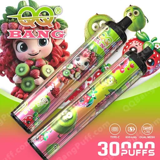 Two transparent disposable vape devices branded QQ Bang with vivid fruit graphics, arranged diagonally on a bright green-pink background; the labels feature kiwis and strawberries and the text '30 PUFFS' along with Type-C and 650mAh indicators.