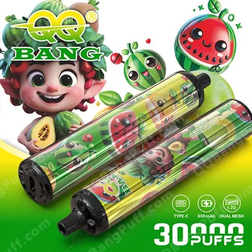 Promotional artwork for QQ Bang disposable vape showing two transparent cylindrical devices with colorful fruit-themed graphics on a green to yellow gradient, surrounded by cartoon fruit characters and a smiling child, with the bold text '30 PUFFS' prominently displayed.