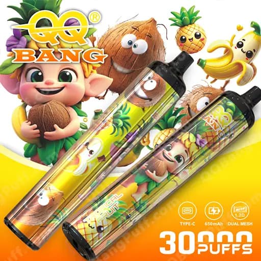 Colorful advertisement featuring two transparent disposable vape pens with pineapple and coconut graphics, surrounded by cartoon characters and fruit imagery, with the bold text 30 PUFFS at the bottom.