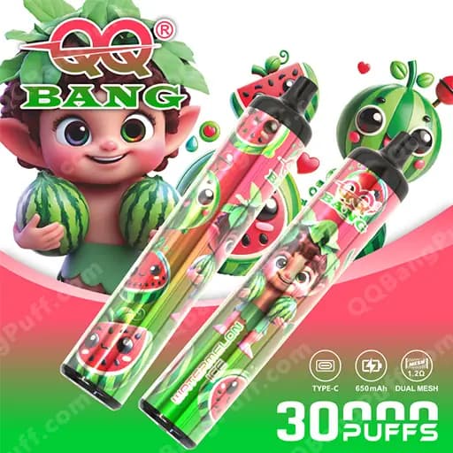 Two watermelon-themed disposable vape pens with cartoon character designs, branded QQ BANG, displayed diagonally on a pink-to-green gradient background; the packaging features watermelon graphics and the text '30 PUFFS'.