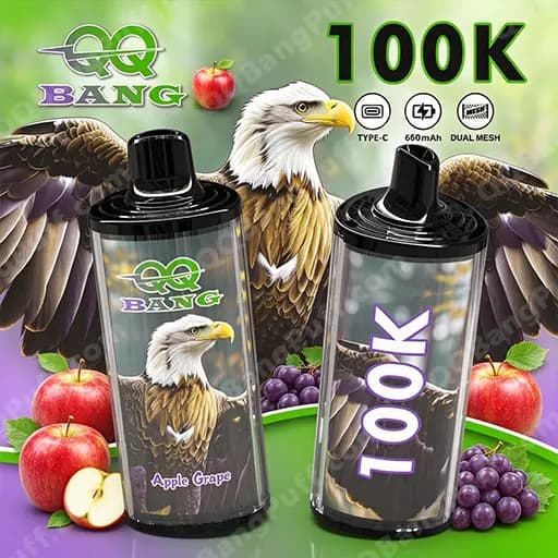 Two black pod vape devices with clear tanks sit against a green background with an eagle motif; the right device is labeled 100K in large purple letters, while the left device bears an Apple Grape flavor label, and apples and grapes are arranged around them.