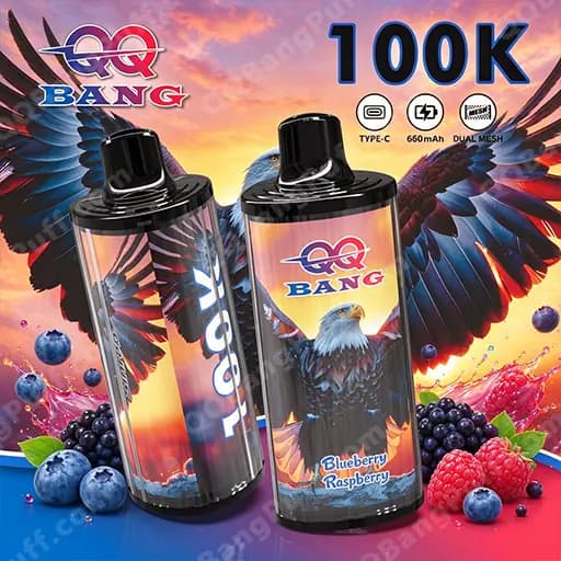 Two black disposable vape devices with bright bird-themed labels sit against a dramatic sunset background, one labeled Blueberry Raspberry under QQ Bang branding, with berries at the base.