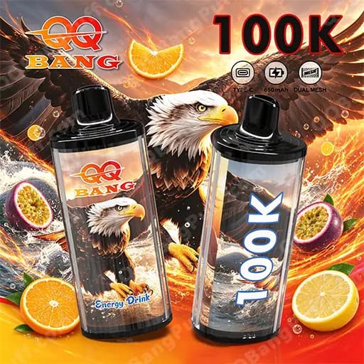 Two black-capped clear bottles with an eagle graphic on a fiery orange background, surrounded by citrus slices; the left bottle displays the QQ Bang logo and the text 'Energy Drink', while the right bottle features a large blue '100K' along its side.