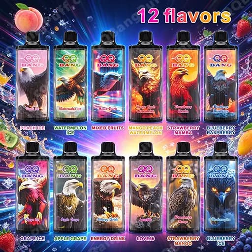 Two rows of twelve QQ Bang vape pods with colorful bird-themed labels, arranged side by side, featuring flavors Peach Ice, Watermelon Ice, Mixed Fruits, Mango Peach Watermelon, Strawberry Mamba, Blueberry Raspberry, Grape Ice, Apple Grape, Energy Drink, Love66, Strawberry Mango, and Blueberry Ice.