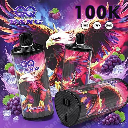 Three black cylindrical vape juice bottles with purple and pink flame-like artwork featuring a white eagle and the Bang logo, labeled Grape Ice, set against a vibrant purple background with grapes and ice crystals.