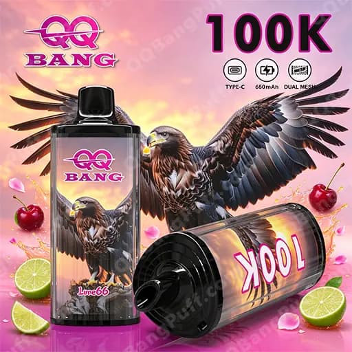 Promotional image for QQ Bang 100K vape: a black vape pen with pink QQ Bang branding stands upright, while another device lies on its side showing '100K', set against a pink-orange sky with a spreading hawk and surrounding cherries and lime wedges.