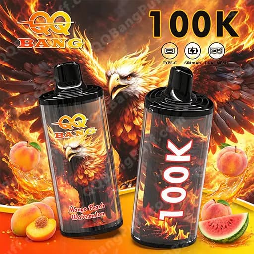 Two black vape juice bottles against a fiery phoenix background; the left bottle shows the QQ Bang logo and the flavor Mango Peach Watermelon, while the right bottle has a large 100K label, with peaches and watermelon slices in the foreground.