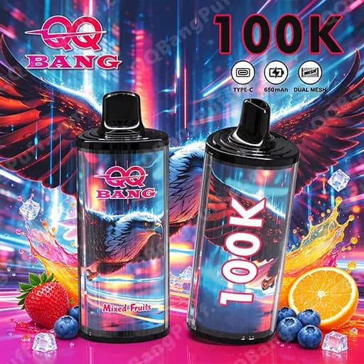 Two transparent vape bottles with black caps in a vivid neon background; the left bottle shows a bird and the 'Mixed Fruits' label, the right bottle features a bold vertical '100K' text, with strawberries, blueberries and orange slices around and the QQ Bang logo in the upper left.