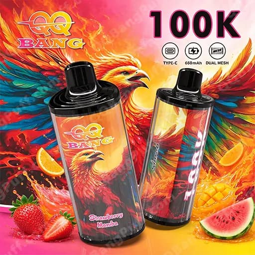 Two Bang-brand vape devices with black caps are shown against a fiery phoenix background, surrounded by strawberries and watermelon, with a bold '100K' label at the top right.