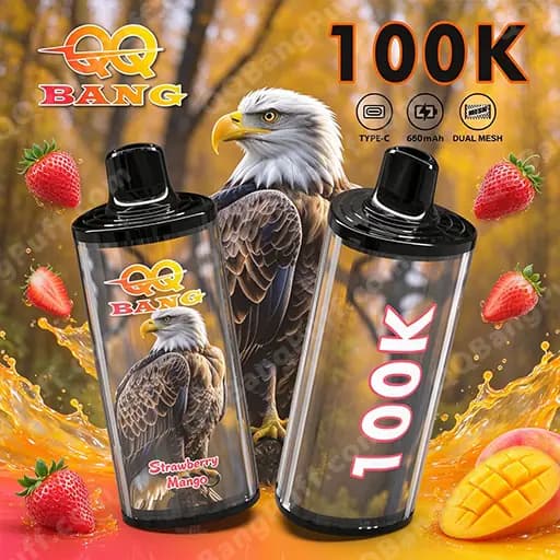 Two black vape bottles with clear bodies sit on an autumn orange background; the left bottle features an eagle on its label and the Strawberry Mango flavor, while the right bottle displays a large pink '100K' text, with strawberries and mango slices around and a brand logo visible in the background.