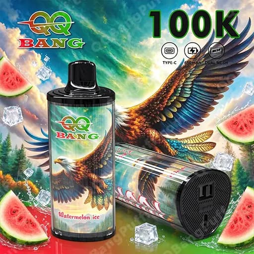 Promotional banner for Bang Watermelon Ice vaping products, showing two cylindrical devices with a large winged bird graphic and Bang branding, watermelon slices and ice cubes scattered around, and a bold green 100K headline in the background.