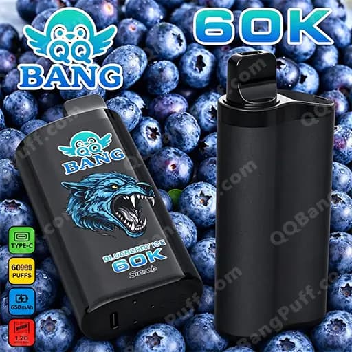 Two black disposable vape devices on a blueberry-filled background; the left device features a blue snarling wolf graphic and the text 'Blueberry Ice 60K', while the right device is plain black. A QQ Bang logo sits in the top-left corner and a bold '60K' graphic is in the top-right.
