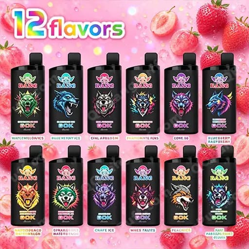 Twelve black vape juice bottles with colorful animal logos, arranged in two rows on a pink strawberry-themed background, with a bright '12 flavors' banner at the top.