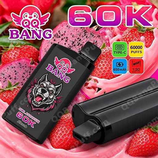 Black disposable vape with a pink BANG logo and snarling wolf graphic, on a pink strawberry background, advertising 60,000 puffs and Type-C charging.