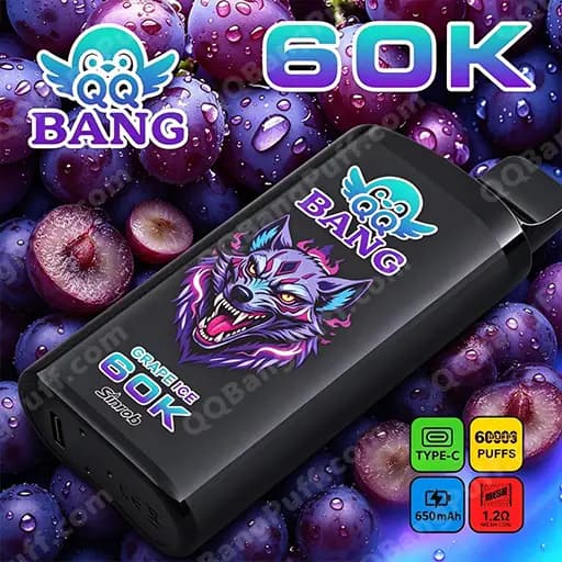 A black BANG vape device with a purple wolf graphic and a bold '60K' label rests on a backdrop of glossy purple grapes, with small icons noting Type-C charging, 650mAh capacity, and 1.2Ω resistance.
