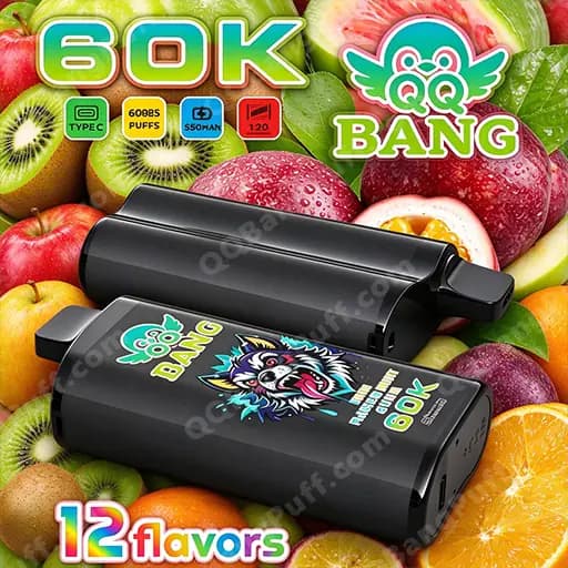 Two black disposable lighters with a bold BANG logo and a snarling animal graphic sit on a vibrant background of assorted fruits; the image also shows '12 flavors' text and small product icons.