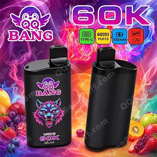 Two black pod-style vape devices with top mouthpieces stand side by side on a vibrant purple-pink background; the front device displays a purple wolf logo and QQ BANG branding with '60K', and colorful icons indicate Type-C, 6000 puffs, 650 mAh and 1.2Ω, with fruit imagery along the bottom.