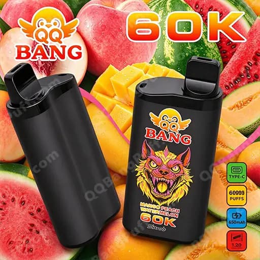 Two black Bang vape pods displayed against a vibrant fruit background of watermelon and mango, with one pod showing a colorful beast logo and the number 60K.