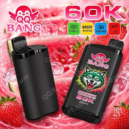 Two black vape devices with the BANG logo sit on a pink strawberry background; the device on the right displays a colorful wolf graphic and a 'Strawberry Watermelon 60K' flavor label.