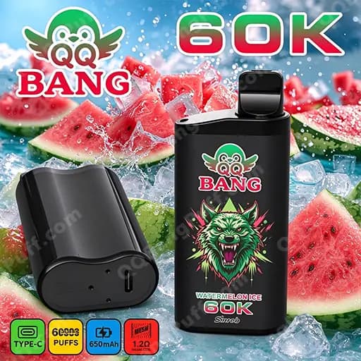 A black pod-style vape device and a black e-liquid bottle with the QQ BANG logo and a green dragon, displayed against a background of watermelon slices and ice, labeled Watermelon Ice 60K.