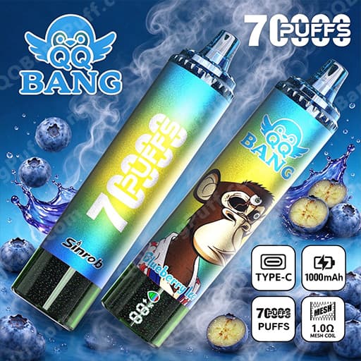 Two gradient blue-to-teal disposable vape pens labeled 7 PUFFS with a cartoon monkey and BANG branding, set against a blue background with vapor and blueberries; icons indicate Type-C, 1000mAh, 7 PUFFS, and 1.0Ω mesh coil.
