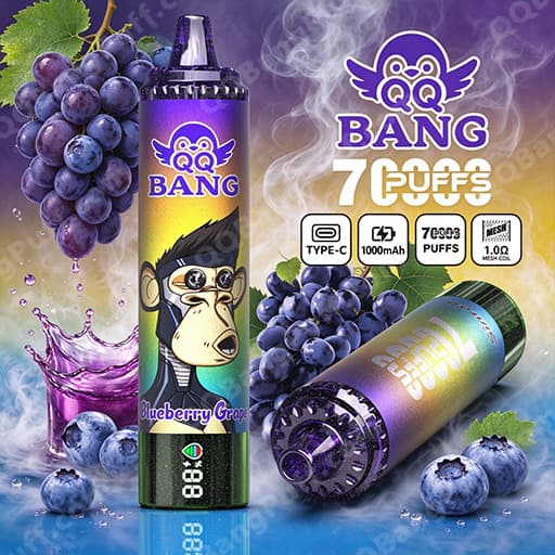 A tall purple-yellow QQ BANG vape bottle with a cartoon monkey and the label 'Blueberry Grape' stands upright beside a second purple device, surrounded by clusters of grapes and blueberries with wisps of vapor against a purple gradient background, and small icons indicate Type-C, 1000mAh, 7000 puffs, and a 1.0 mesh coil.
