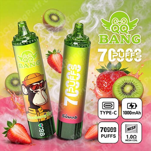 Two Bang 7 Puffs vape devices in green and yellow with strawberry and kiwi imagery and a monkey mascot on the left, set against a bright gradient background, with branding and icons indicating Type-C charging, 1000mAh, 7 puffs, and 1.0Ω mesh coil.