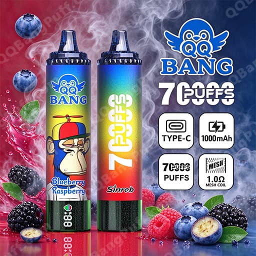 Two QQ BANG vape devices with colorful gradient labels—left featuring a cartoon monkey and the 'Blueberry Raspberry' flavor, right with a bold '7 PUFFS' design—sitting among berries and smoke with icons for Type-C charging, 1000mAh, 7 PUFFS, and a 1.0 Ω mesh coil.
