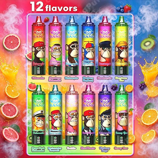 Twelve colorful Bang vape bottles with cartoon monkey labels are arranged in two rows of six under a 12 flavors banner, set against a bright fruit-themed background.