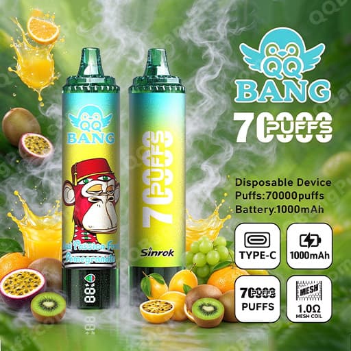 Two colorful disposable vape devices labeled Bang and 7 Puffs stand upright among sliced kiwis, passion fruit, and oranges, with fruit imagery in the background and text noting 70,000 puffs, a 1000mAh battery, and Type-C charging.