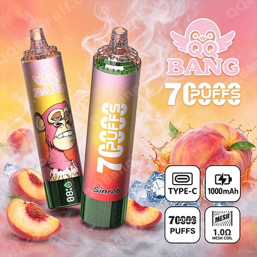 Two colorful vape devices with fruit-themed branding stand upright on a peachy pink background with peach slices and ice; the left device features a cartoon monkey and the right displays a winged Bang logo with '7 PUFFS', and icons indicate Type-C charging, 1000mAh capacity, and a 1.0Ω mesh coil.