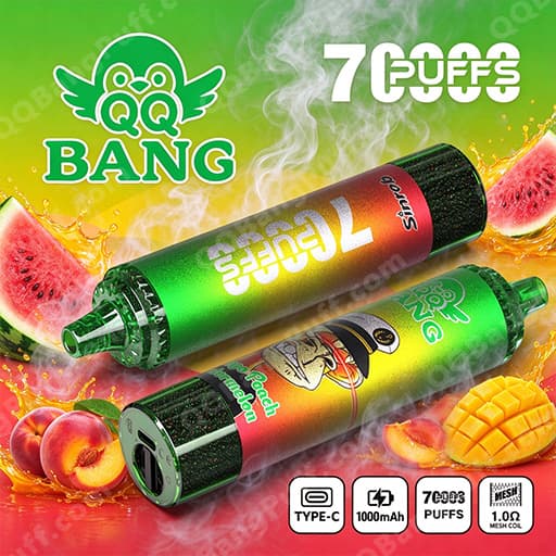 Bright promotional image for QQ BANG vape devices showing two cylindrical devices with green-to-orange gradient labels, surrounded by slices of watermelon and mango, with the QQ BANG logo on the left and stylized 'PUFFS' text on the upper right.